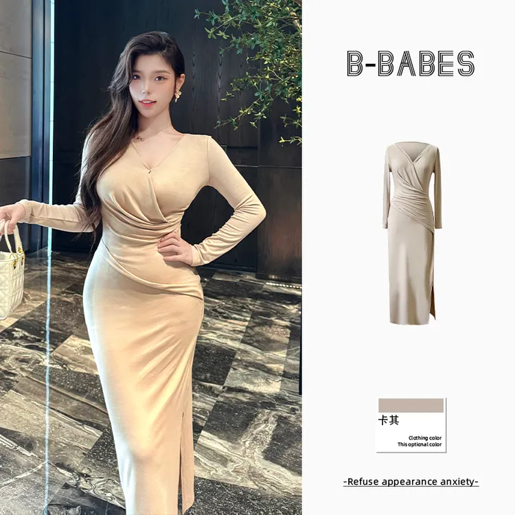 B-babes【杏仁奶露】纯欲v领纯色优雅裙高腰长袖修身显瘦连衣裙