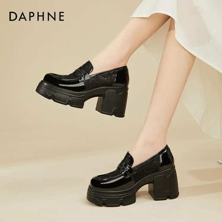 达芙妮粗跟网面乐福鞋女2025新款夏季小个子厚底单鞋透气增高皮鞋