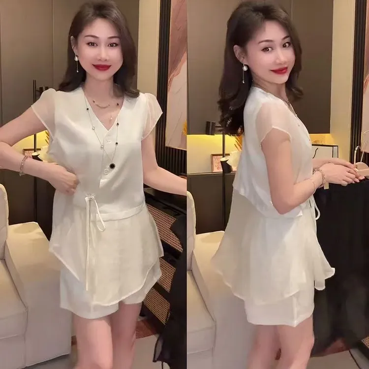 758韩版拼接网纱纽扣短袖上衣套装2025夏新款设计感短裤两件套潮