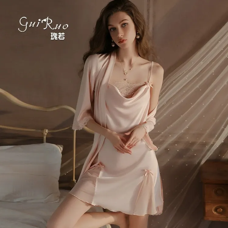 甜美珍珠点缀蕾丝荡领轻奢缎面吊带睡裙外袍品牌内衣套装夏季清凉
