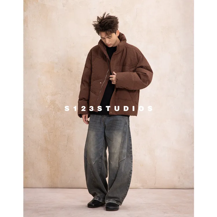 S12390白鸭绒 树纹肌理感立领廓形羽绒服冬季加厚高街痞帅外套潮