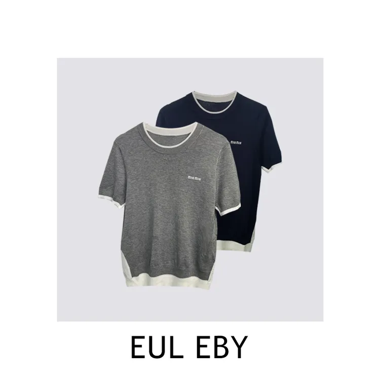 【清】miu系字母短袖假两件针织衫上衣251092#