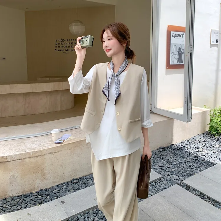 松弛感马甲T恤阔腿裤套装2025春秋新款简约通勤慵懒风显瘦三件套