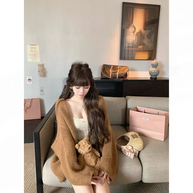 NSS COLLECTION"午后茶歇Cardigan"挚爱高克重棕色毛衣开衫外套女