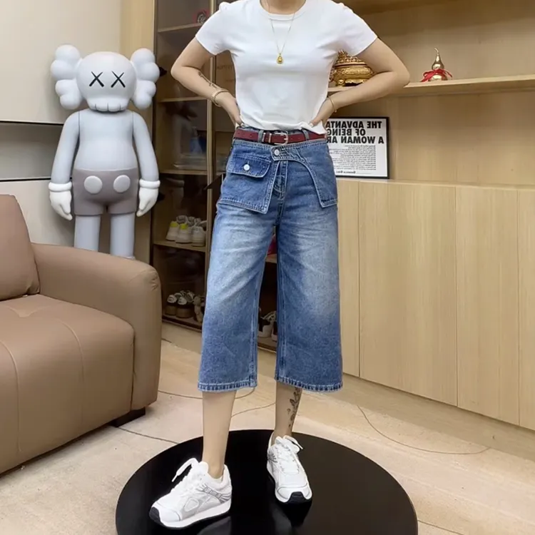 La Chapelle/拉夏贝尔大码阔腿夏季薄款小个子胖mm七分裤牛仔裤