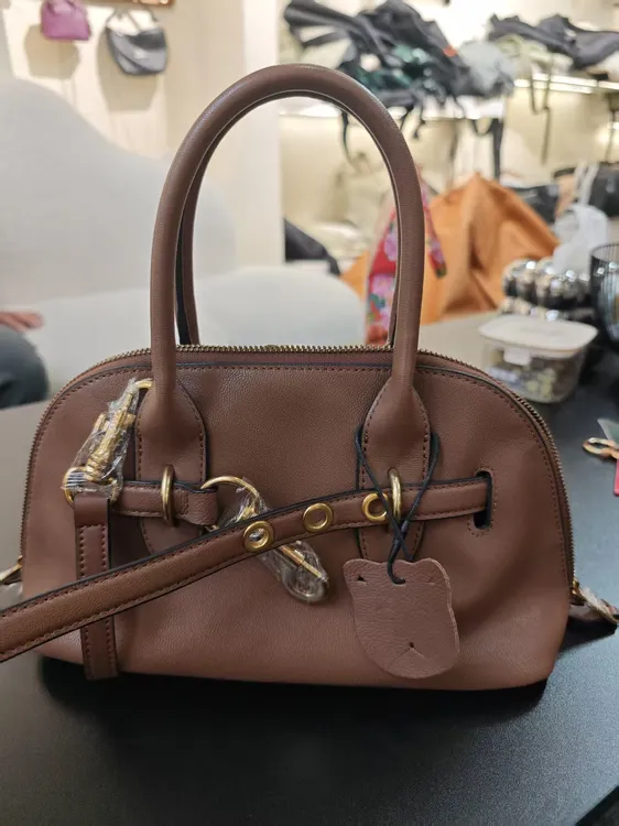 YUSHA/高档咖色植鞣横版保龄球手提包-G286