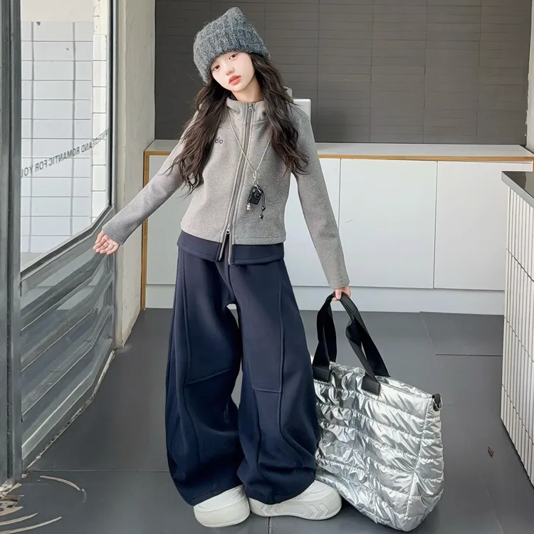 女童洋气套装秋冬加绒加厚双拉链外套休闲裤2025新款中大童高级感