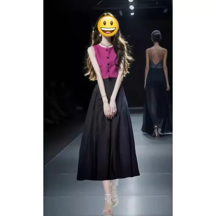玫红色背心上衣半身裙两件套法式别致女神范名媛小香风