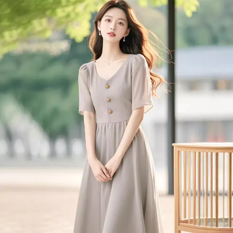 灰色雪纺简约大方夏季新款长裙气质通勤假两件短袖连衣裙显瘦时尚