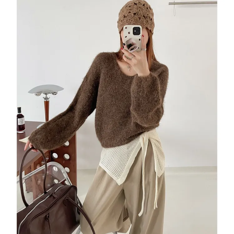 韩系慵懒风V领高级感套头长袖针织衫女2025秋冬新款洋气减龄毛衣