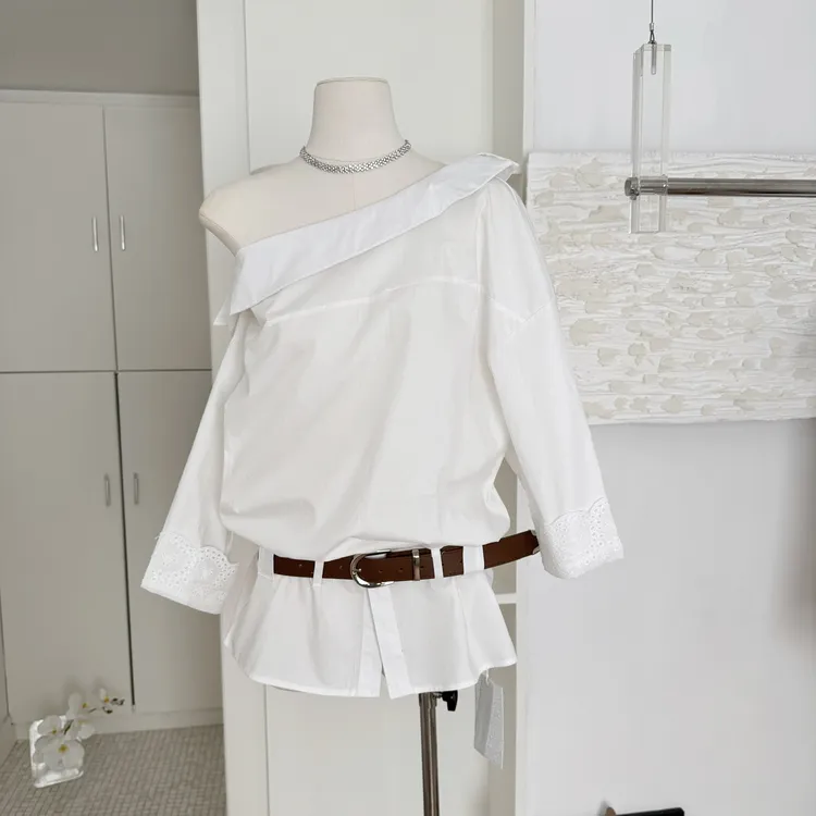 OKMASHOP 白色长袖衬衫女春季设计感气质白衬衣宽松慵懒斜肩上衣