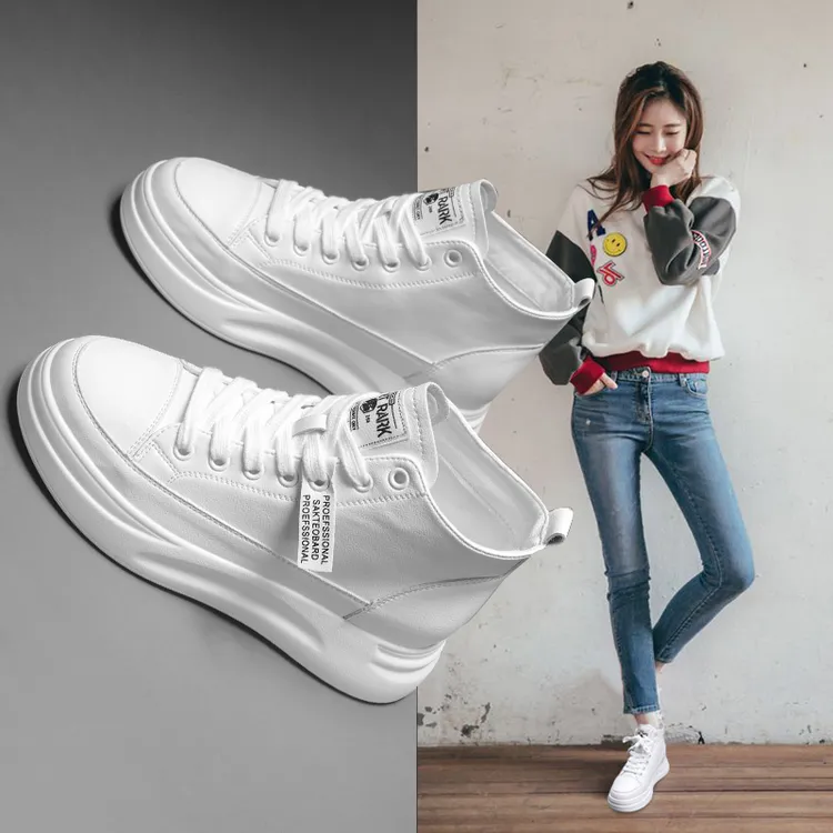 真皮小白鞋女2025新款春秋季百搭ins潮厚底高帮女鞋运动休闲板鞋