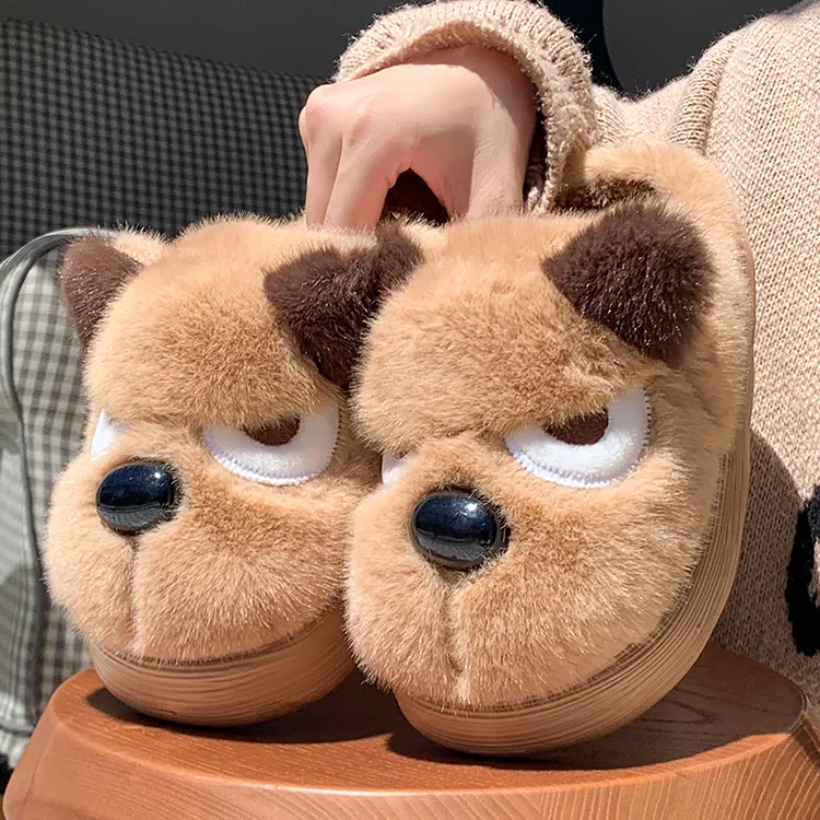 毛绒小狼狗棉拖鞋男士秋冬季居家情侣厚底防滑加绒加厚保暖棉拖女
