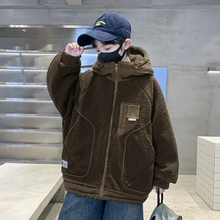 男童羊羔绒连帽毛毛衣秋冬款2025新款儿童加厚保暖加绒外套中大童