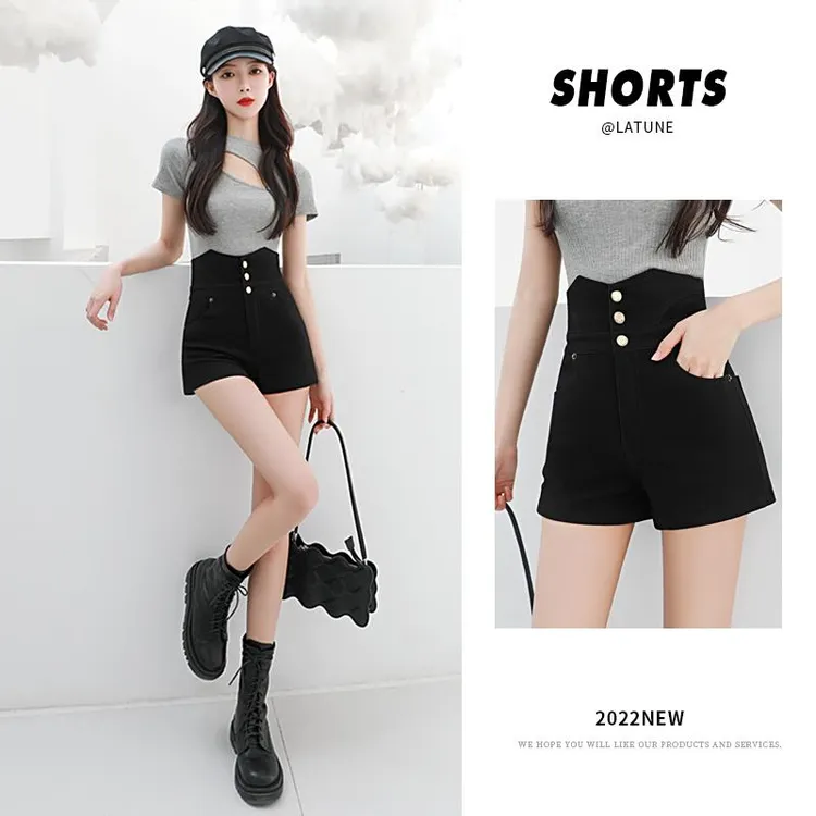 短裤女夏季2025新款外穿a字显瘦遮肚子辣妹打底小个子黑色超高腰