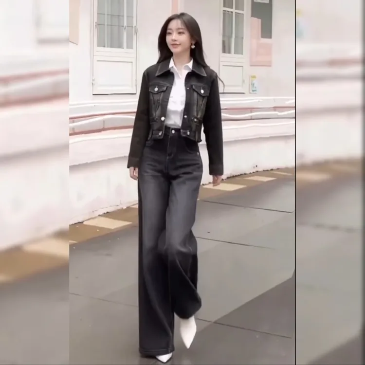 春秋气质女长袖时尚显瘦短款牛仔套装休闲高腰直筒阔腿裤百搭女士