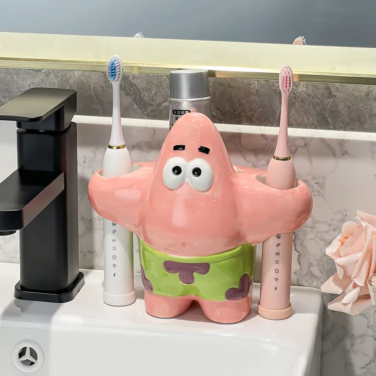 可爱派大星电动牙刷架子置物架洗漱台洗手台牙膏牙刷陶瓷底座支架