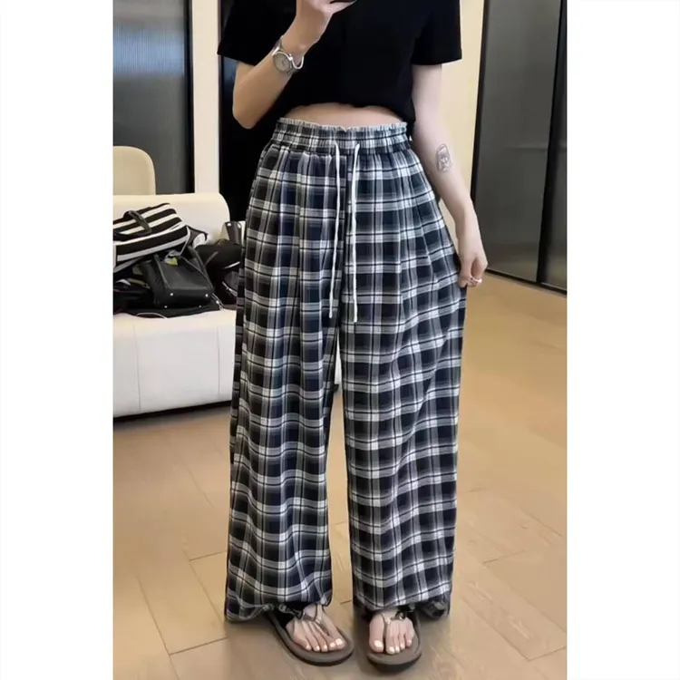 艾塔莉慵懒舒适休闲裤女夏季新款宽松遮肉格子裤大码直筒阔腿裤