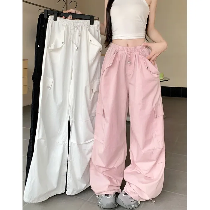 美式设计感工装裤女夏季新款高腰阔腿裤宽松休闲裤抽绳拖地长裤子