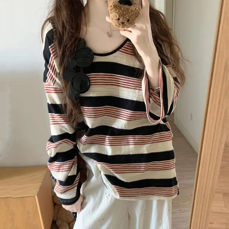 美式慵懒风设计感红黑条纹v领长袖t恤女春季薄款宽松防晒罩衫上衣