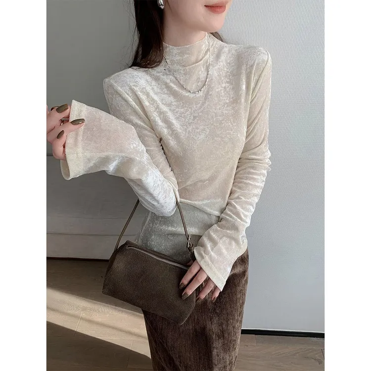 法式半高领渐变长袖打底衫女春秋新款优雅气质内搭修身薄款上衣潮