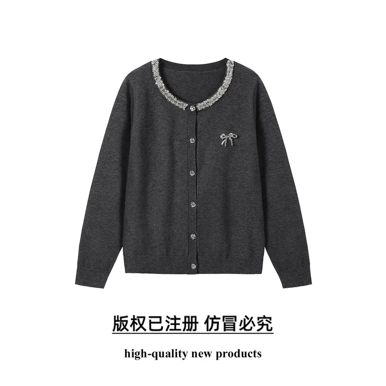 奢姿大码女装2025秋季新款胖妹妹时尚蝴蝶结水钻装饰针织开衫上衣