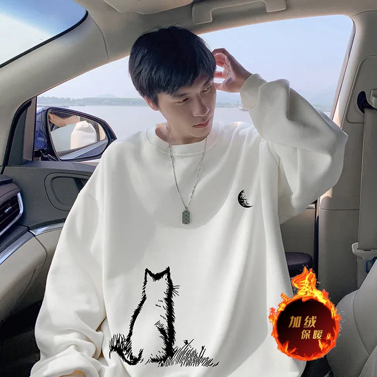 潮流潮流长袖圆领宽松上衣连帽保暖加绒夹克  秋冬新款美式潮流