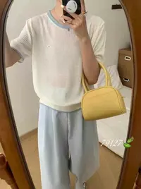 〔蝴蝶结小牌〕〔不可机洗〕韩版简约领口撞色蝴蝶结小牌针织短袖