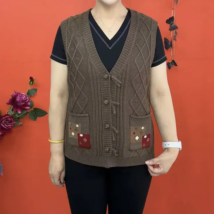 60%马甲口袋常规款通勤风V领马夹秋季无袖时尚针织盘扣马甲  