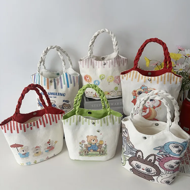 新款卡通菜篮子帆布包包女ins可爱风儿童手提袋水桶包学生零食包