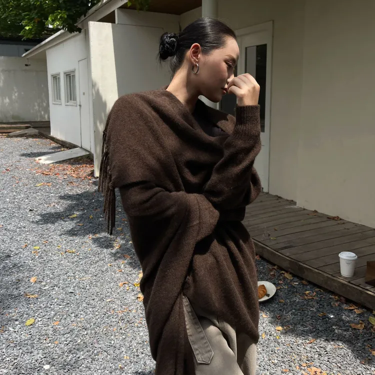 PURITYYH简约设计感流苏羊毛小众针织开衫女秋季宽松宽松披肩外套