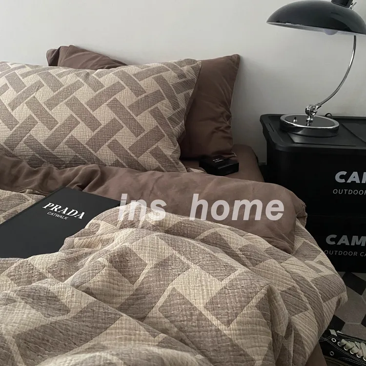 侘寂风简约纯棉双层纱布四件套全棉裸睡三层纱被套床单高级感床品