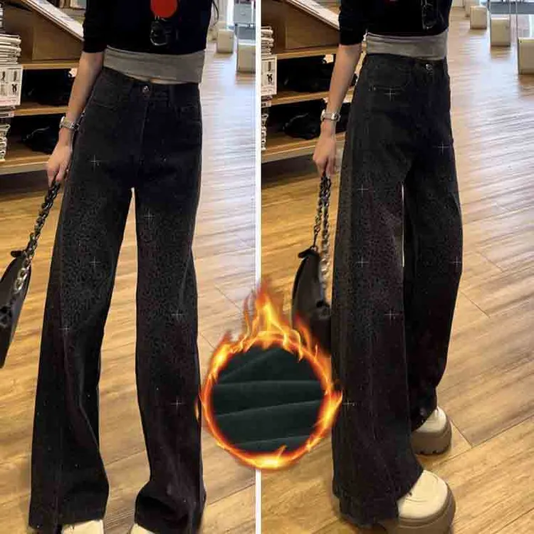 欧美时尚加绒牛仔裤女秋冬新款黑灰渐变色豹纹烫钻弹力显瘦直筒裤