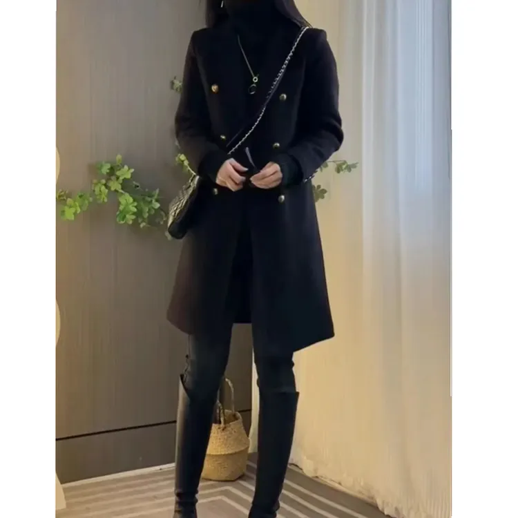 外套时尚黑色中长款秋冬气质加厚显瘦加棉休闲百搭宽松毛呢大衣女