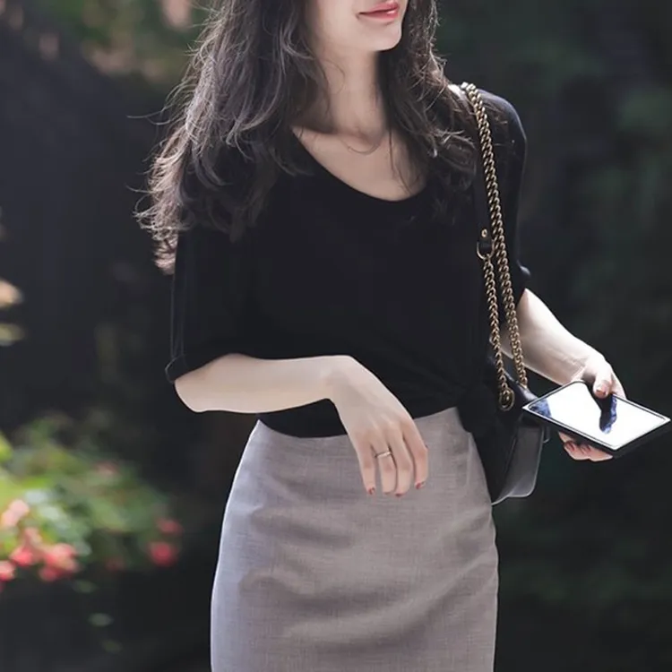 ZHIO2025夏季新款纯色圆领短袖恤气质通勤显瘦法式复古宽松休闲上