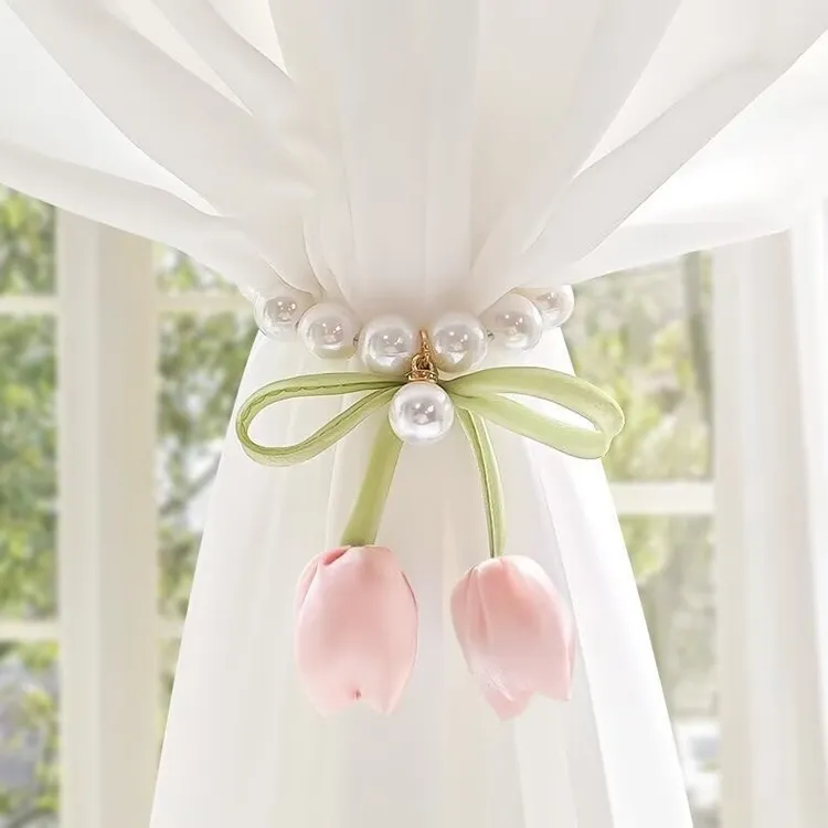 可爱郁金香窗帘绑带绑饰简约现代花朵可调节绳子纱帘捆束带窗帘扣