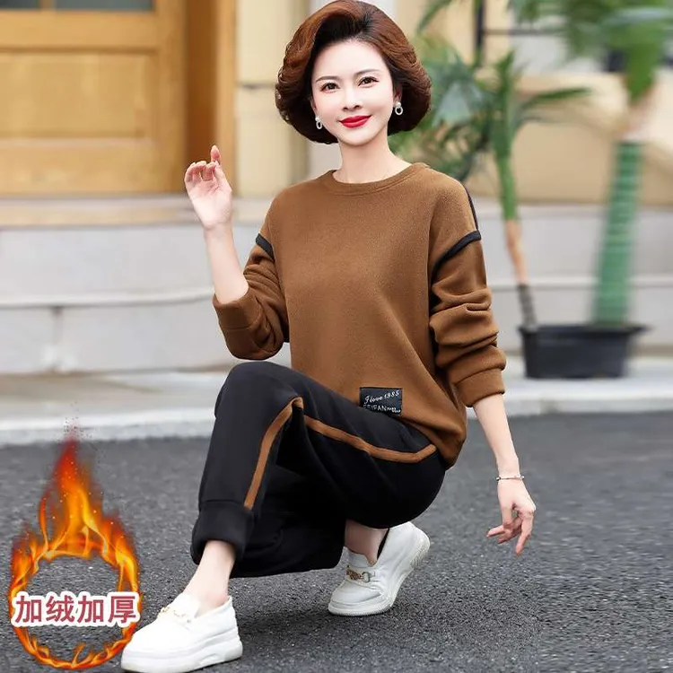 FAVMARTHA中老年妈妈时尚休闲运动服套装女加绒加厚保暖卫衣秋冬