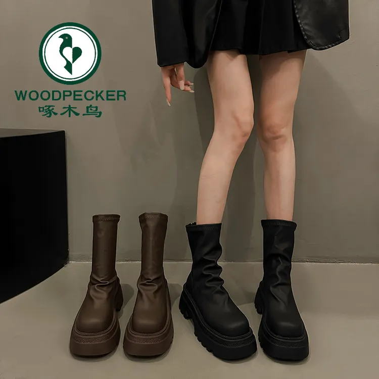 啄木鸟短靴女厚底弹力靴2025秋季新款瘦瘦靴显瘦堆堆靴中筒马丁靴
