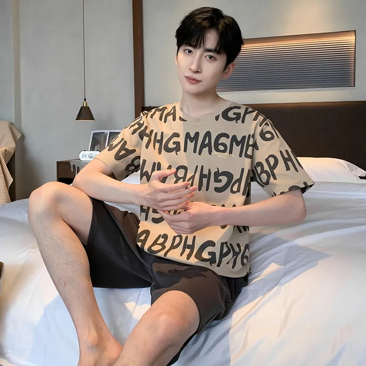 欣彩猫睡衣男100%纯棉短袖短裤休闲简约舒适可外穿夏天家居服套装