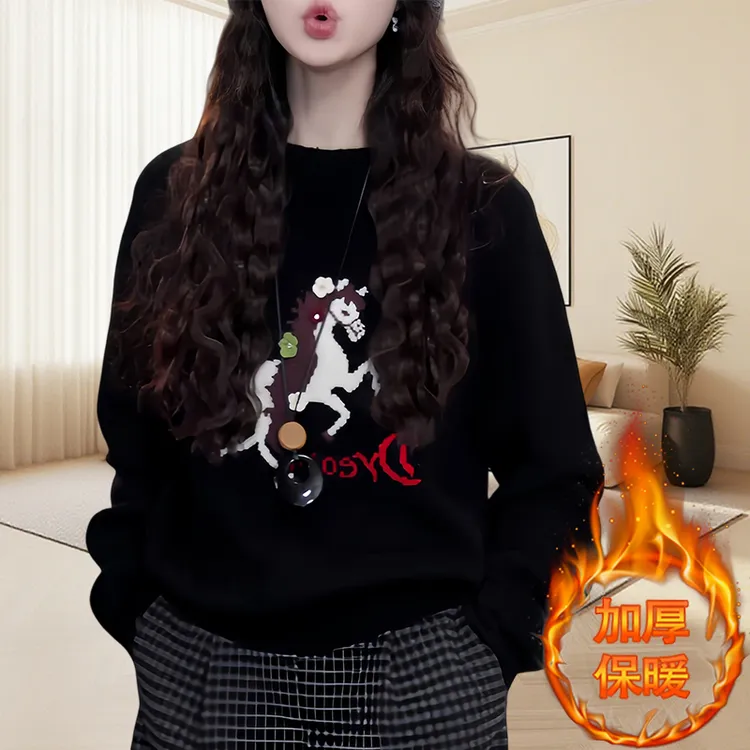 松弛感休闲小白马毛衣女秋冬季新款宽松时髦长袖针织衫高档上衣女