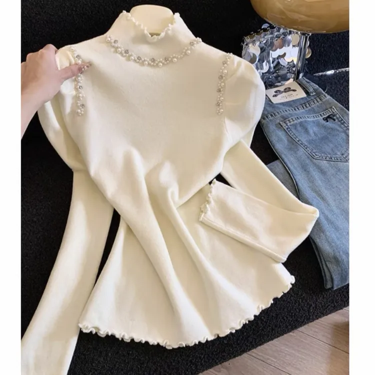 法式钉珠半高领木耳边针织衫女秋冬内搭修身显瘦气质打底毛衣