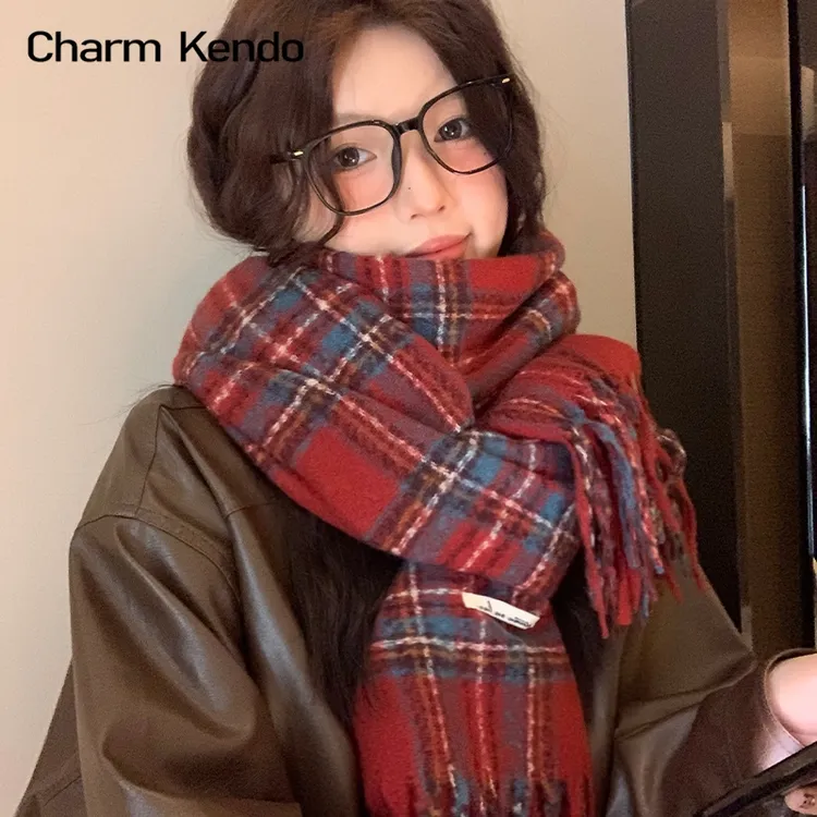 Charm Kendo围巾冬季女2025新款格子高级韩系情侣披肩红色围脖女