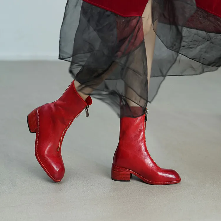 法式高档舒适百搭时尚手工水洗马皮圆头粗跟前拉链真皮底红色短靴