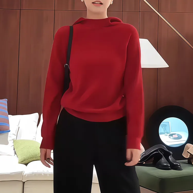 韩版设计感时尚红色连帽长袖毛衣女秋冬小众高级感气质休闲风上衣