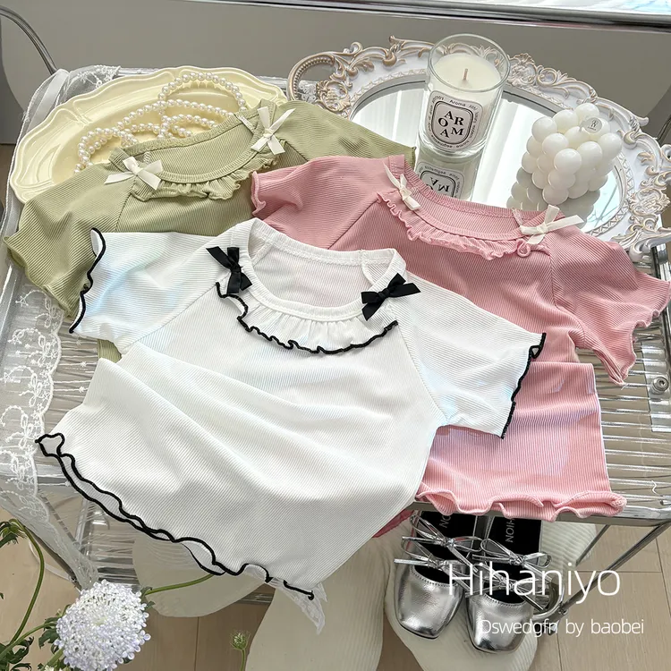 【六一】女童冰丝木耳边花边打底上衣短袖会蝶节百搭夏季薄款宝宝