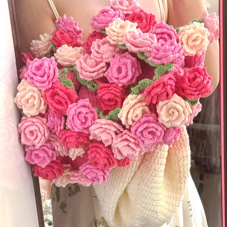 渐变粉色尖角玫瑰花束毯子半成品diy材料包早秋午睡钩织手织花毯