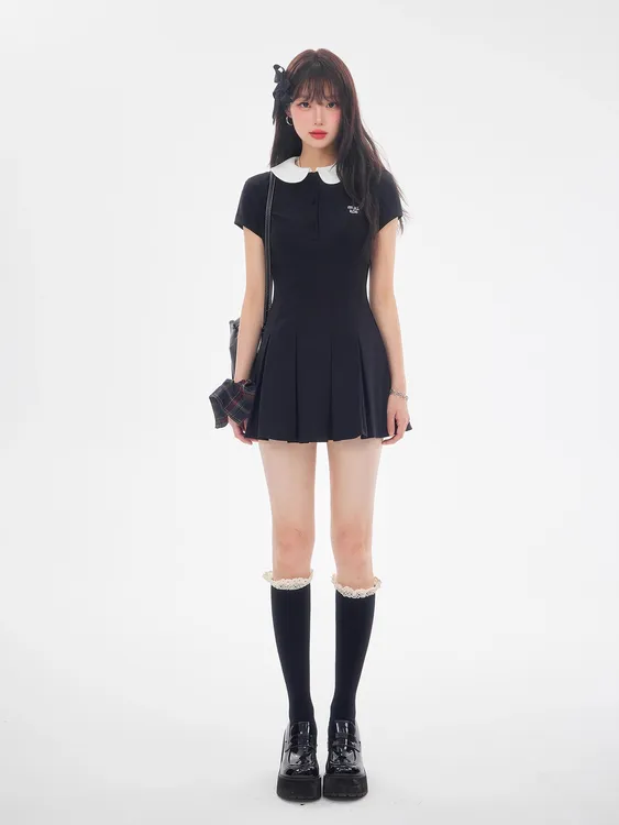 黑色学院风小个子辣妹连衣裙短裙女夏短款裙子小黑裙百褶裙