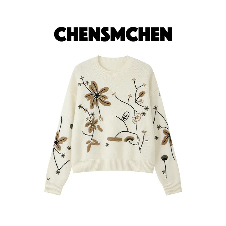 CHENSMCHEN 100羊毛3色绣花套头毛衣女宽松休闲百搭上衣CSM7281SL