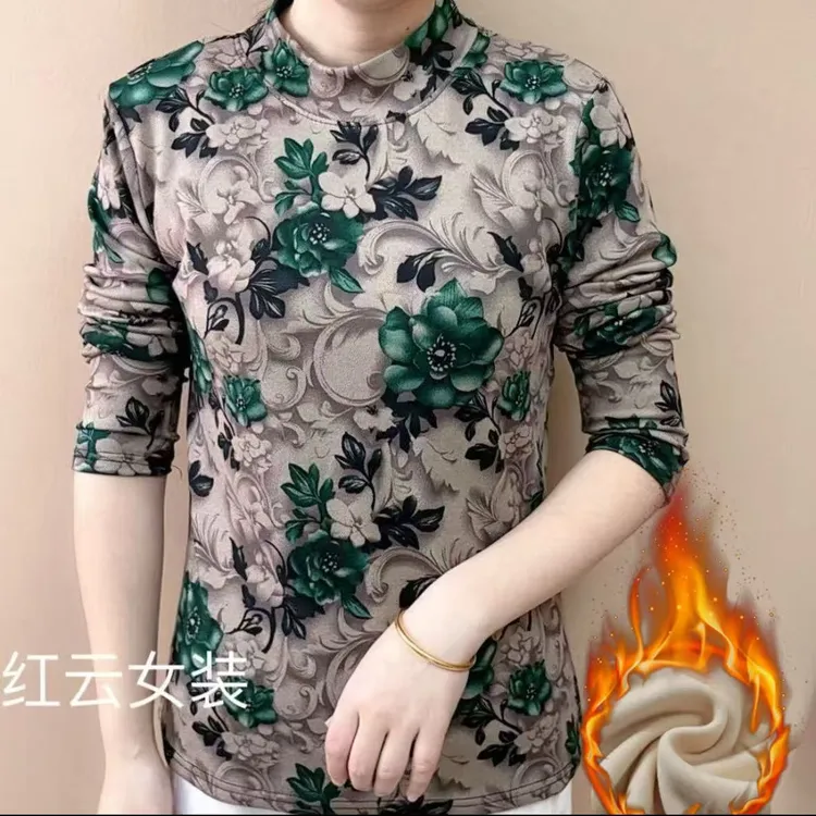 2025秋冬季半高领印花打底衫加绒加厚妈妈装洋气高弹力长袖上衣