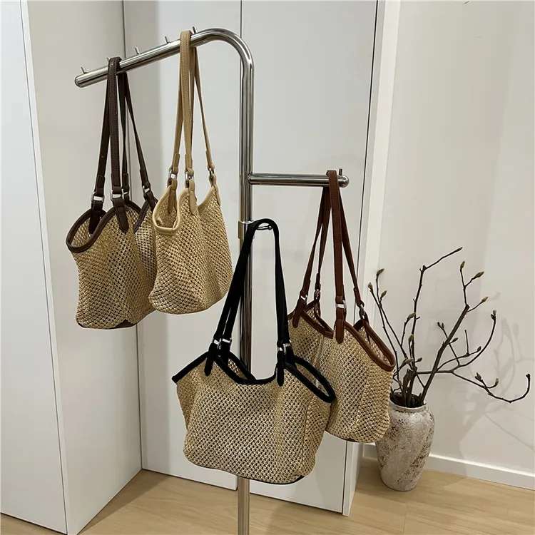 新款流行托特包夏天草编子母单肩包精致撞色编织腋下包